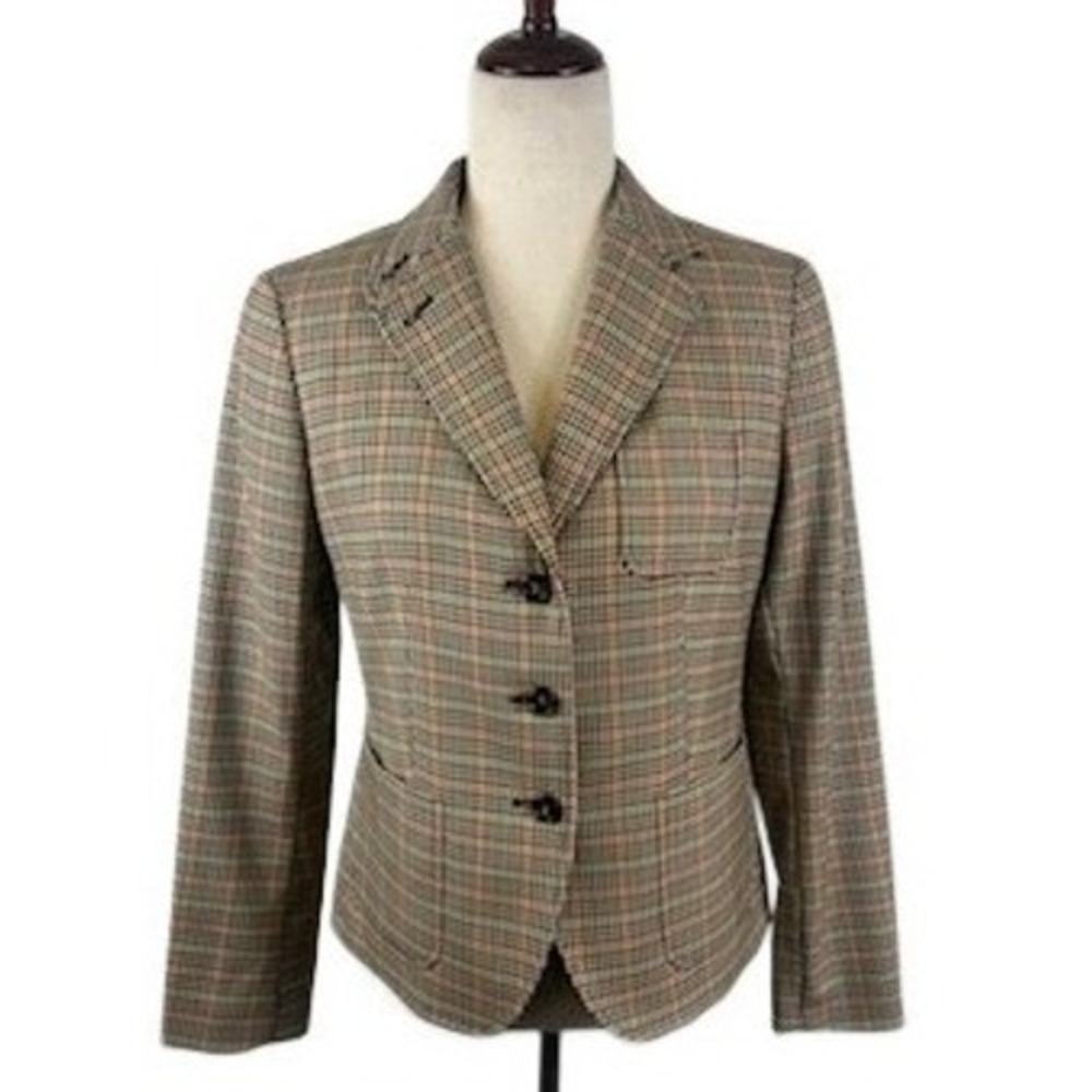 Talbots Plaid Brown Wool Blend Blazer Elbow Patch Collegiate Size 6P Petite
